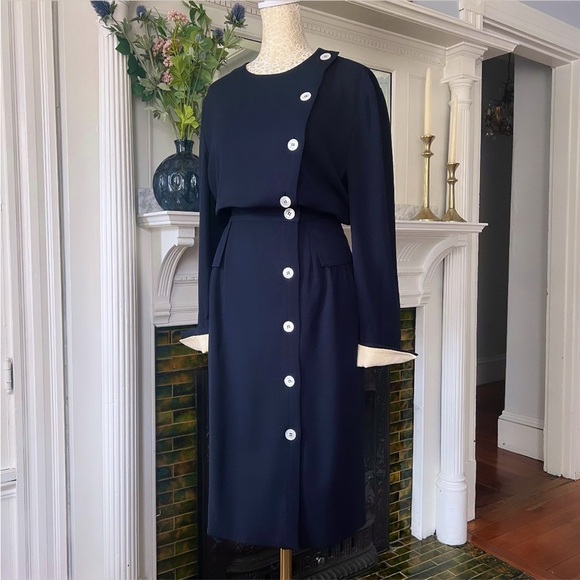 VINTAGE VALENTINO MISS V 100% Wool Navy Side Button Midi Dress Size 10 - Picture 6 of 15